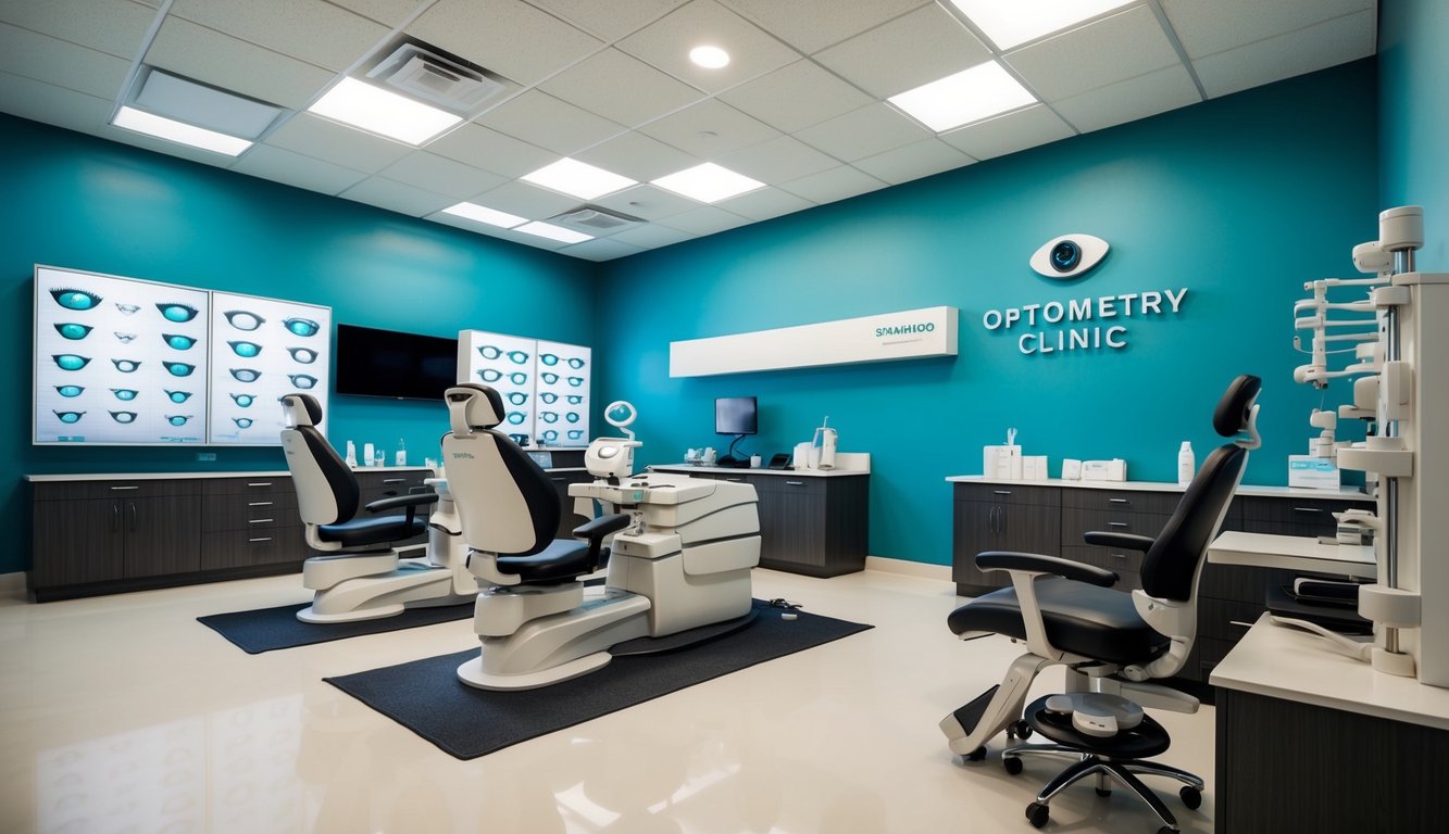 Una clínica de optometría moderna en San Antonio, Texas, que muestra tecnología avanzada en cuidado ocular y una variedad de servicios ópticos.