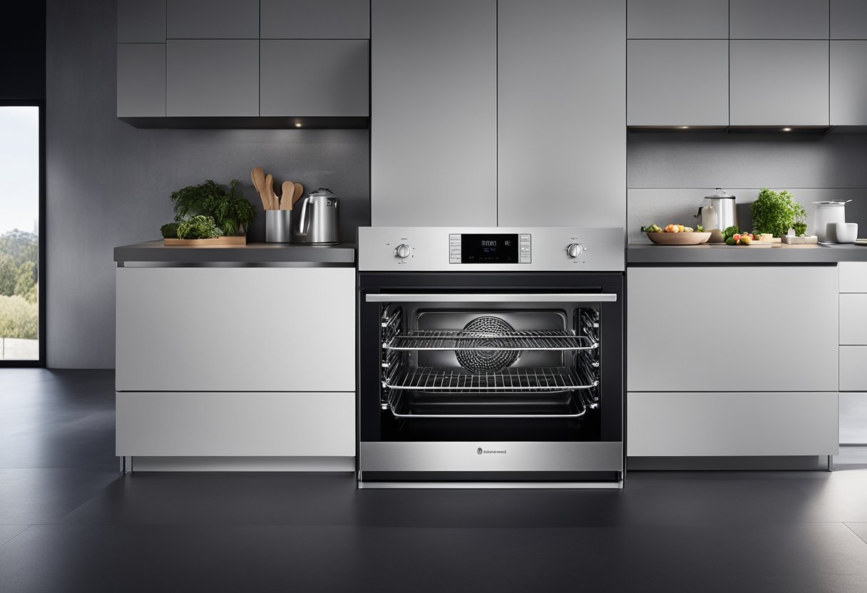 Um forno elétrico embutido com a marca "Electrolux 80L Eficiente com PerfectCook360" destacando sua eficiência energética e capacidades de cozimento