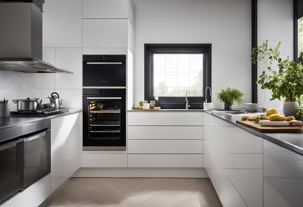 Uma cozinha moderna com um elegante forno elétrico embutido, apresentando uma ampla capacidade de 80L e a avançada tecnologia PerfectCook360 da Electrolux.