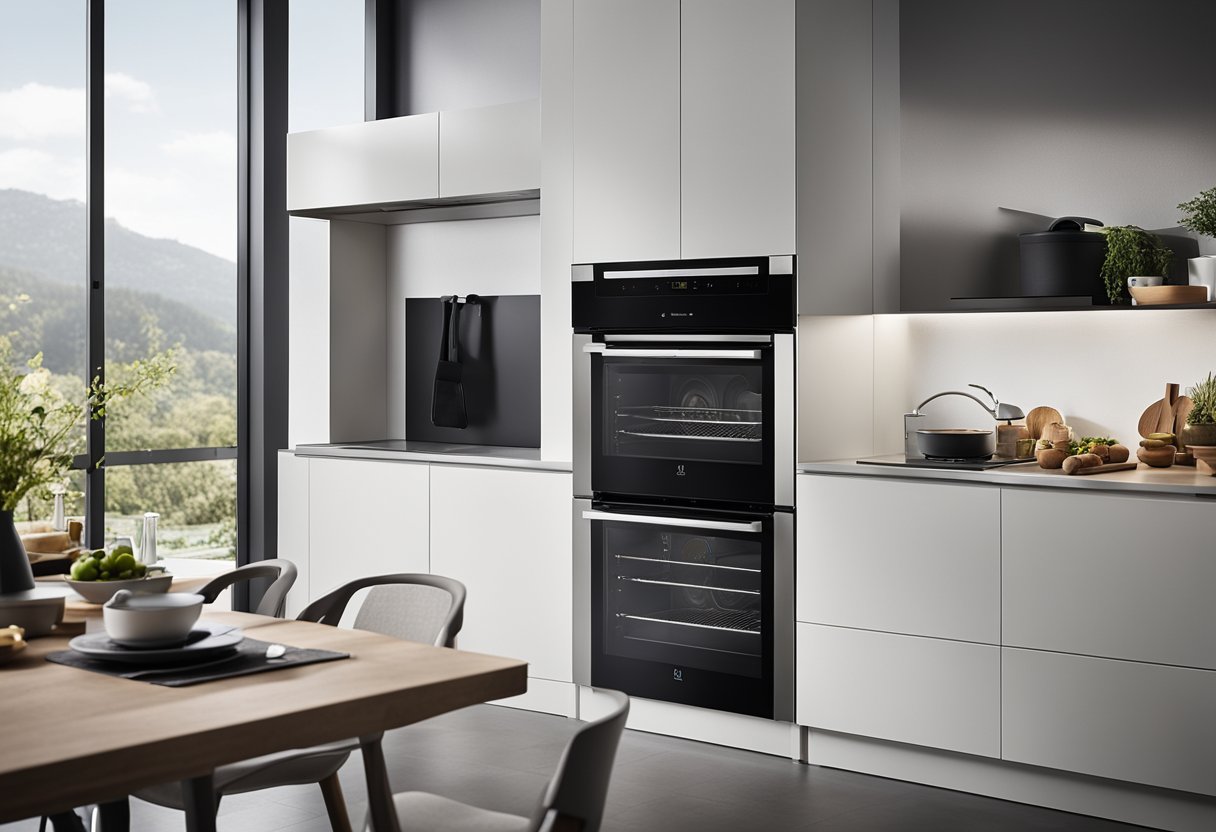 Uma cozinha moderna com um elegante forno elétrico embutido da Electrolux, exibindo sua capacidade de 80L e o recurso PerfectCook360.