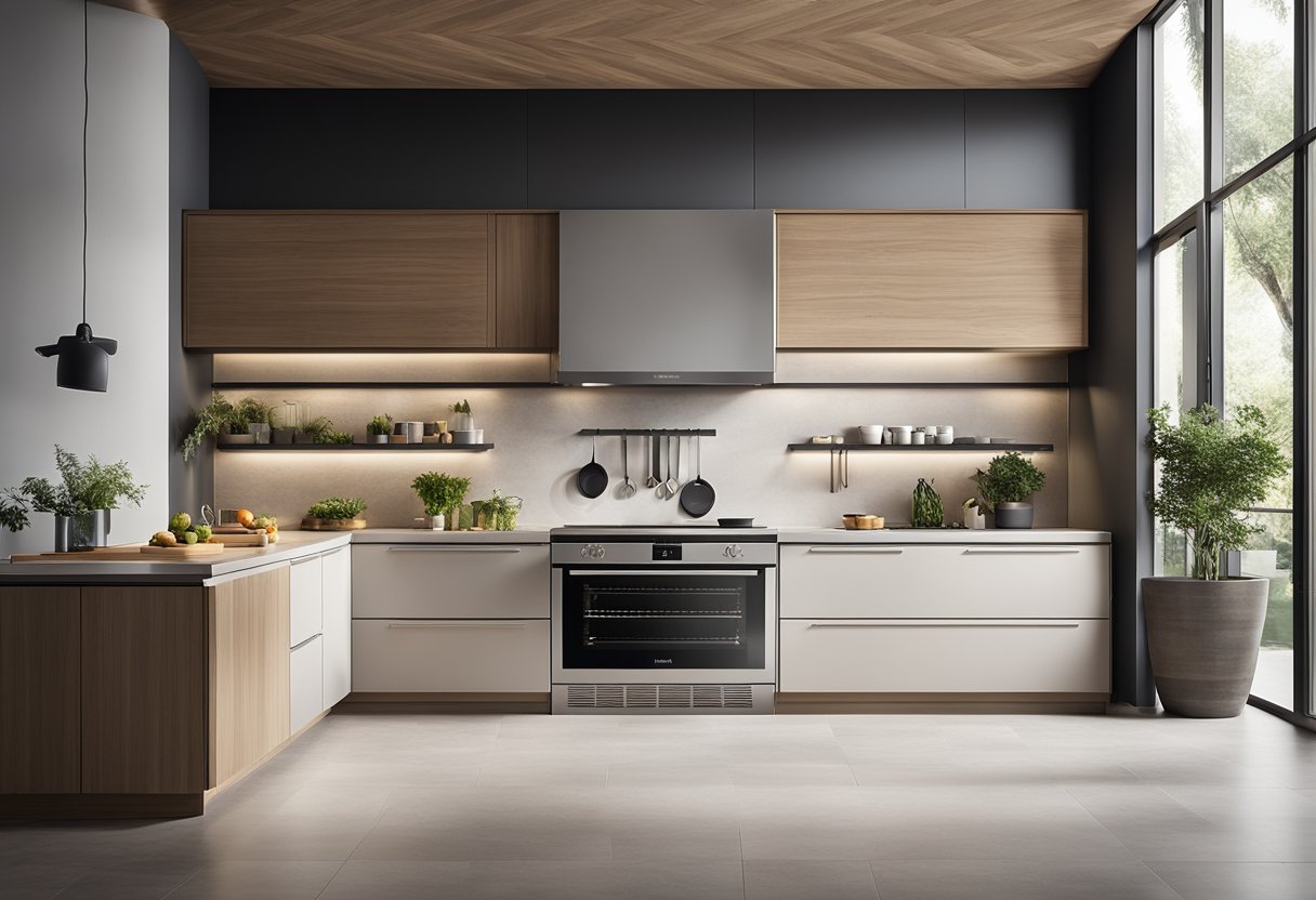 Uma cozinha moderna com um Forno Elétrico Embutido Eficiente de 80L da Electrolux com a função PerfectCook360, cercada por elementos sustentáveis e ecológicos.