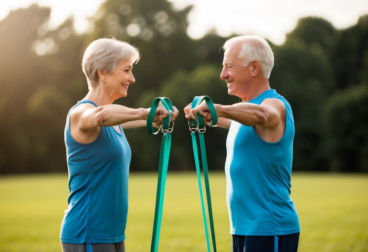 Two seniors standing facing each other, performing partner isometric exercises with resistance bands