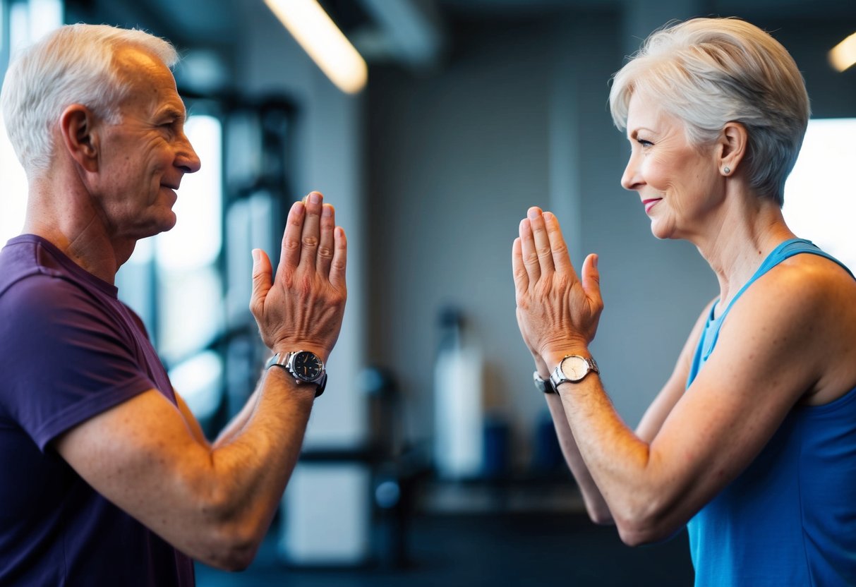 Two seniors stand facing each other, pressing their palms together with equal force. They maintain the position, engaging in partner isometric exercises