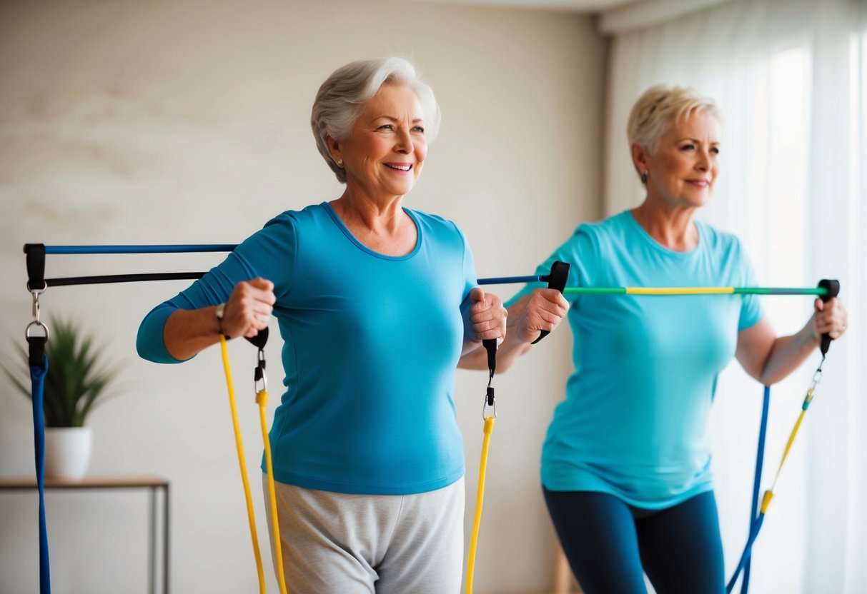 An older person in comfortable clothing performs isometric exercises with a partner, using resistance bands and gentle movements