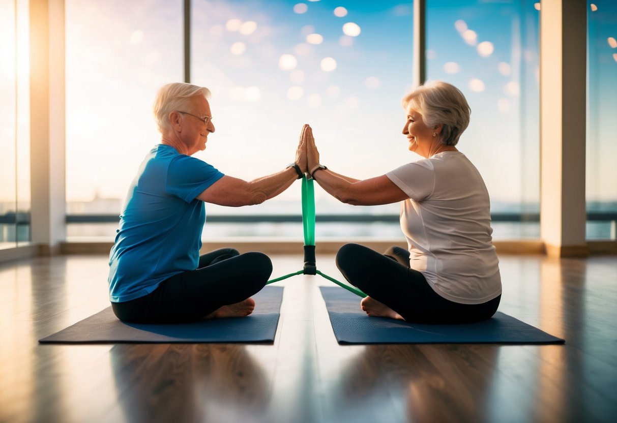 Two seniors sit facing each other on yoga mats, holding a resistance band between them and engaging in partner isometric exercises