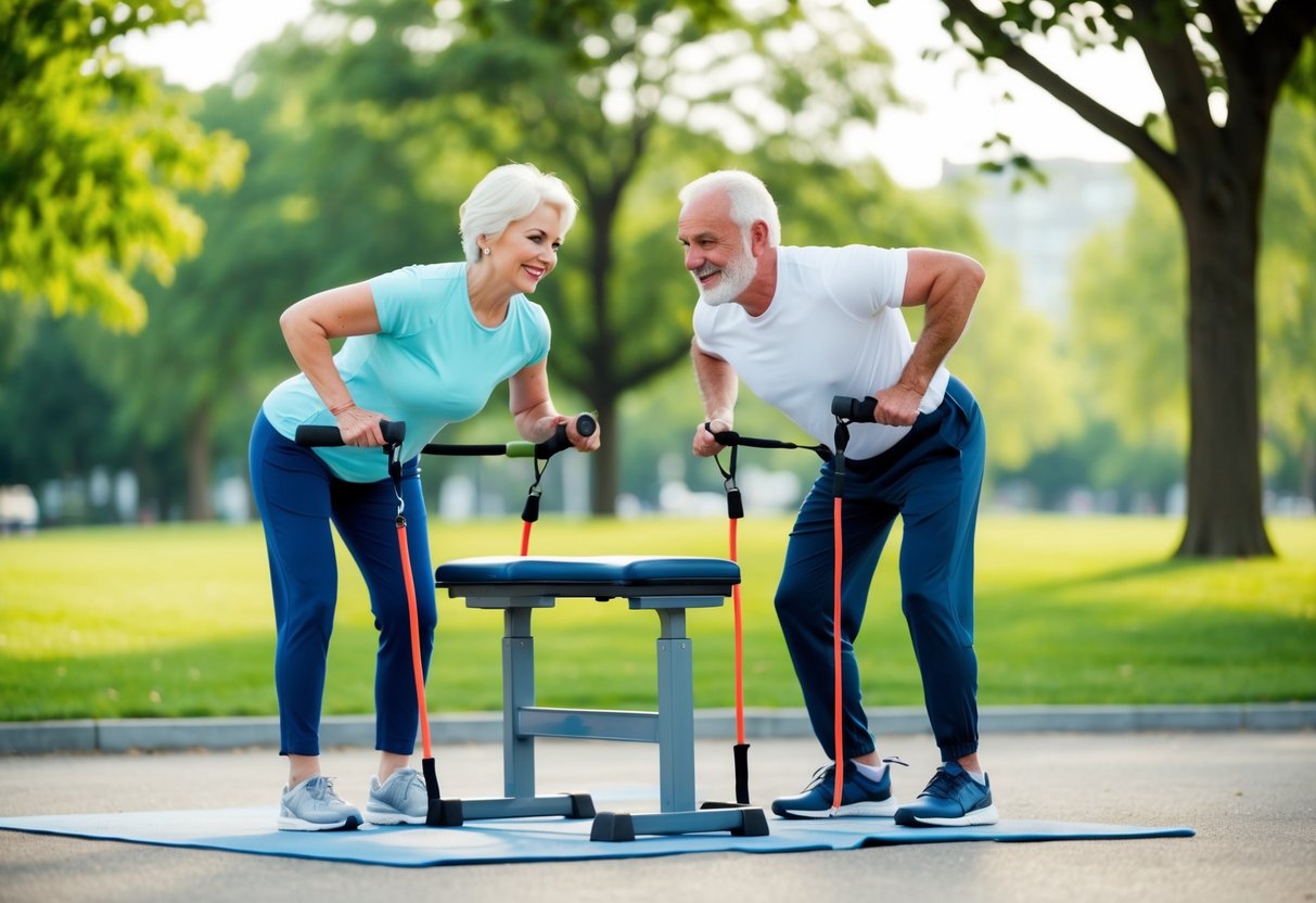 Two seniors performing isometric exercises together in a park, using a bench and resistance bands