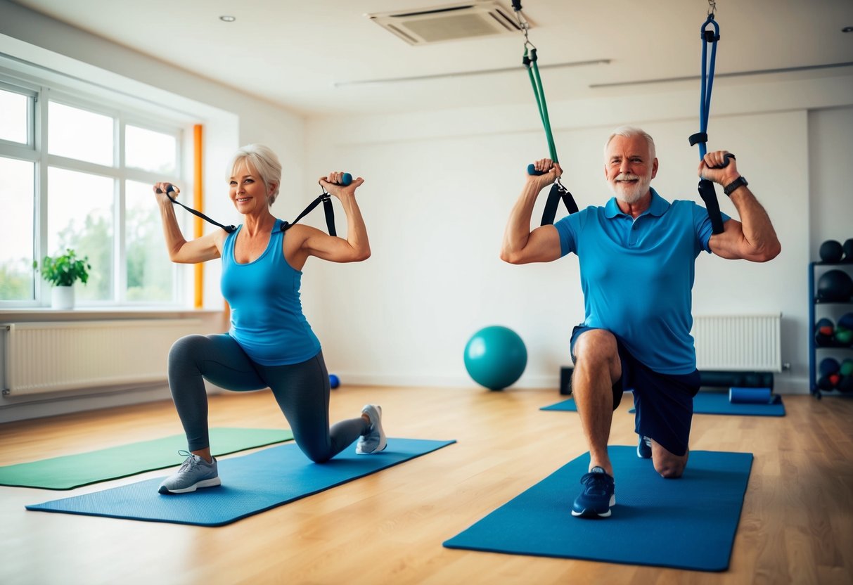 Two seniors perform partner isometric exercises in a bright, spacious room with exercise mats and resistance bands. They demonstrate various movements and poses