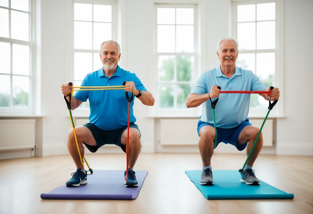 Two seniors use resistance bands for partner isometric exercises in a bright, spacious room with large windows and soft flooring