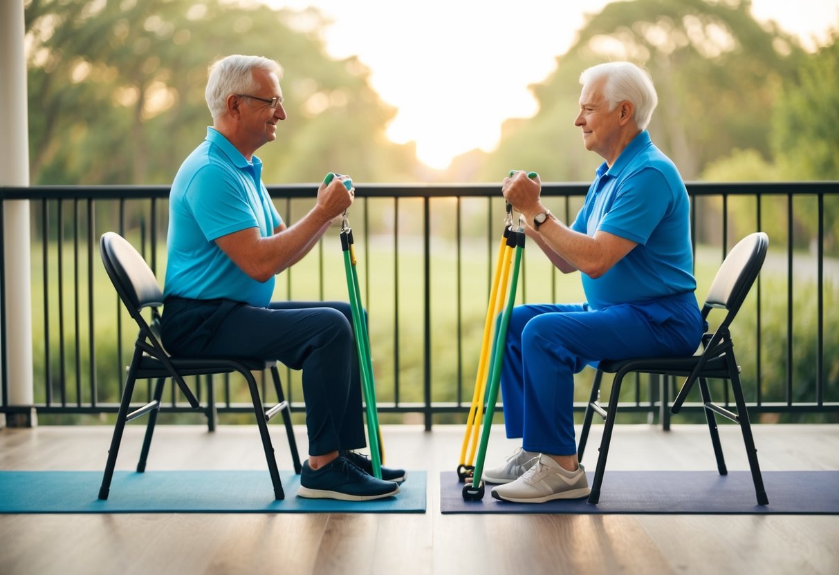 Two seniors sitting facing each other, using resistance bands to perform isometric exercises targeting their joints and muscles, with a focus on maintaining flexibility and overall joint health