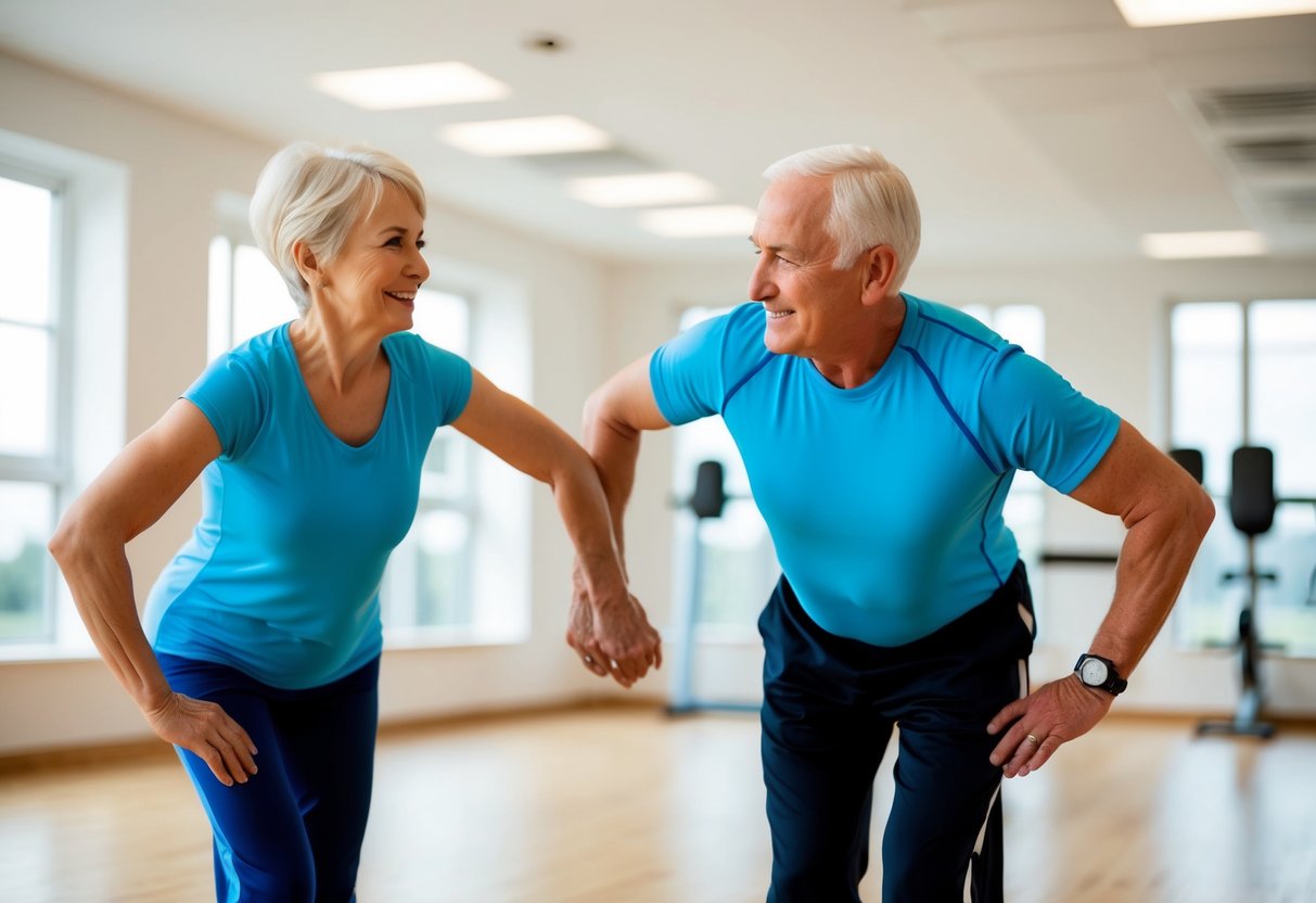 An elderly person and a fitness instructor performing isometric exercises together in a bright and spacious gym setting