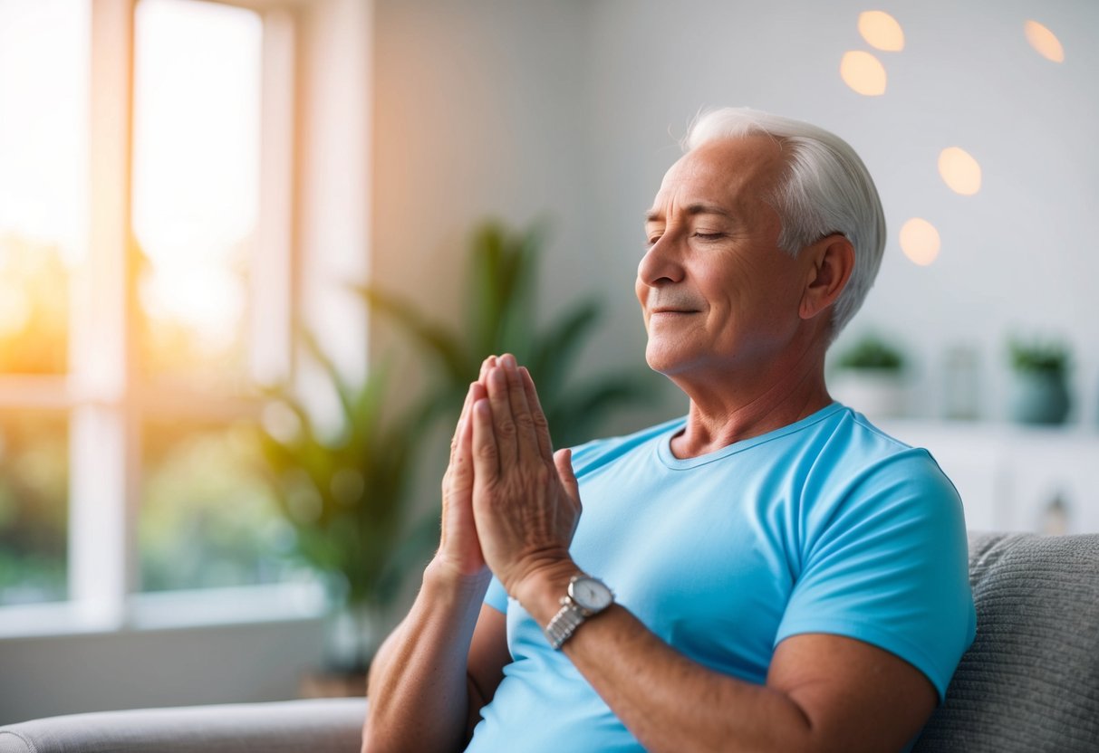 A peaceful senior in a comfortable setting, practicing isometric breathing exercises to reduce stress