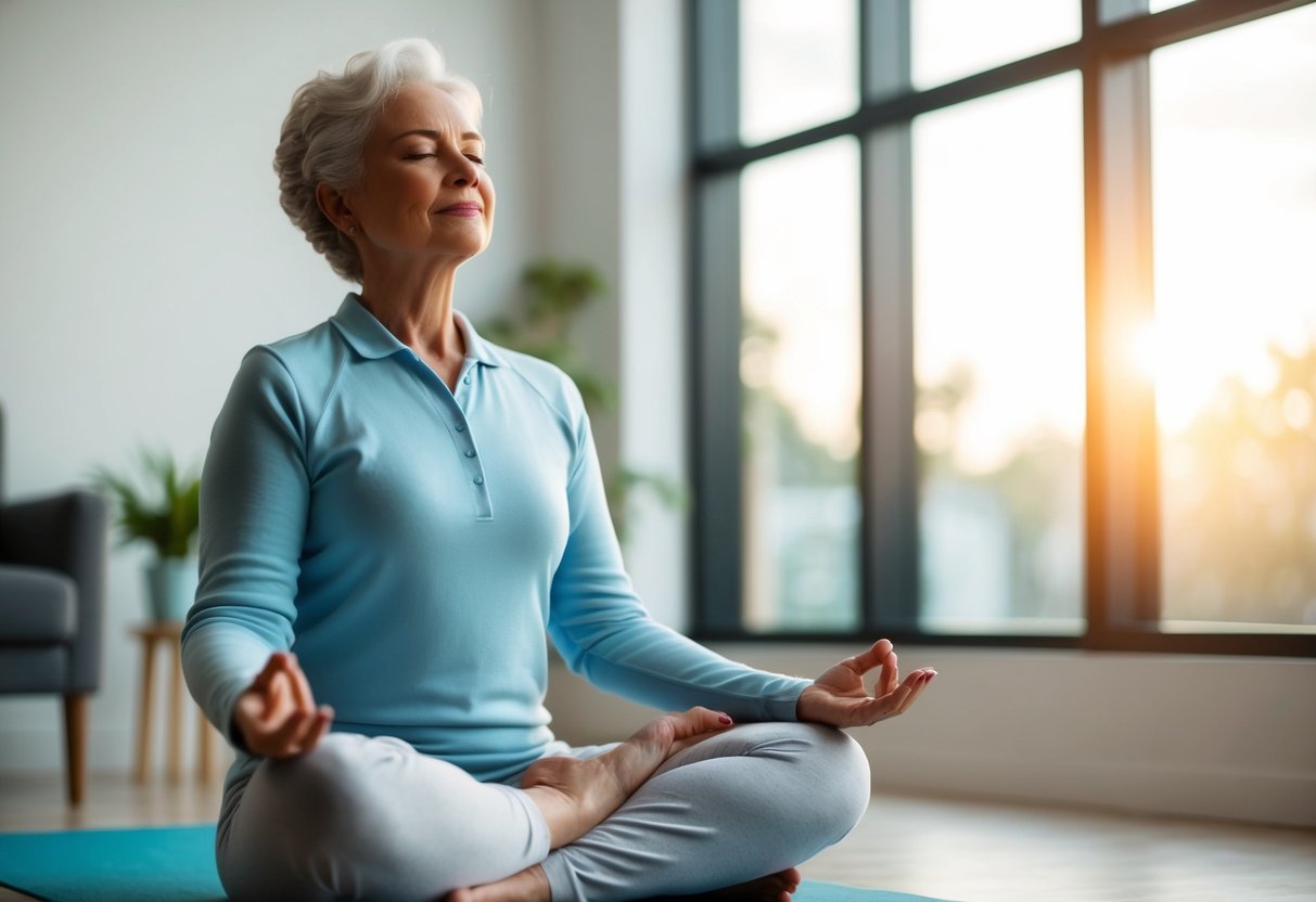 A serene senior sitting in a quiet room, eyes closed, practicing deep breathing exercises with a relaxed posture