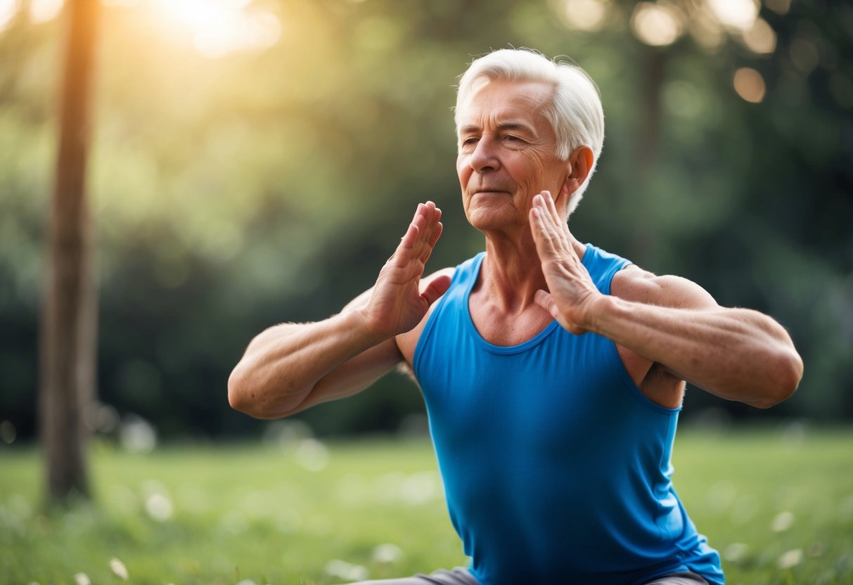 A serene senior engages in isometric breathing exercises, surrounded by peaceful nature and soft lighting