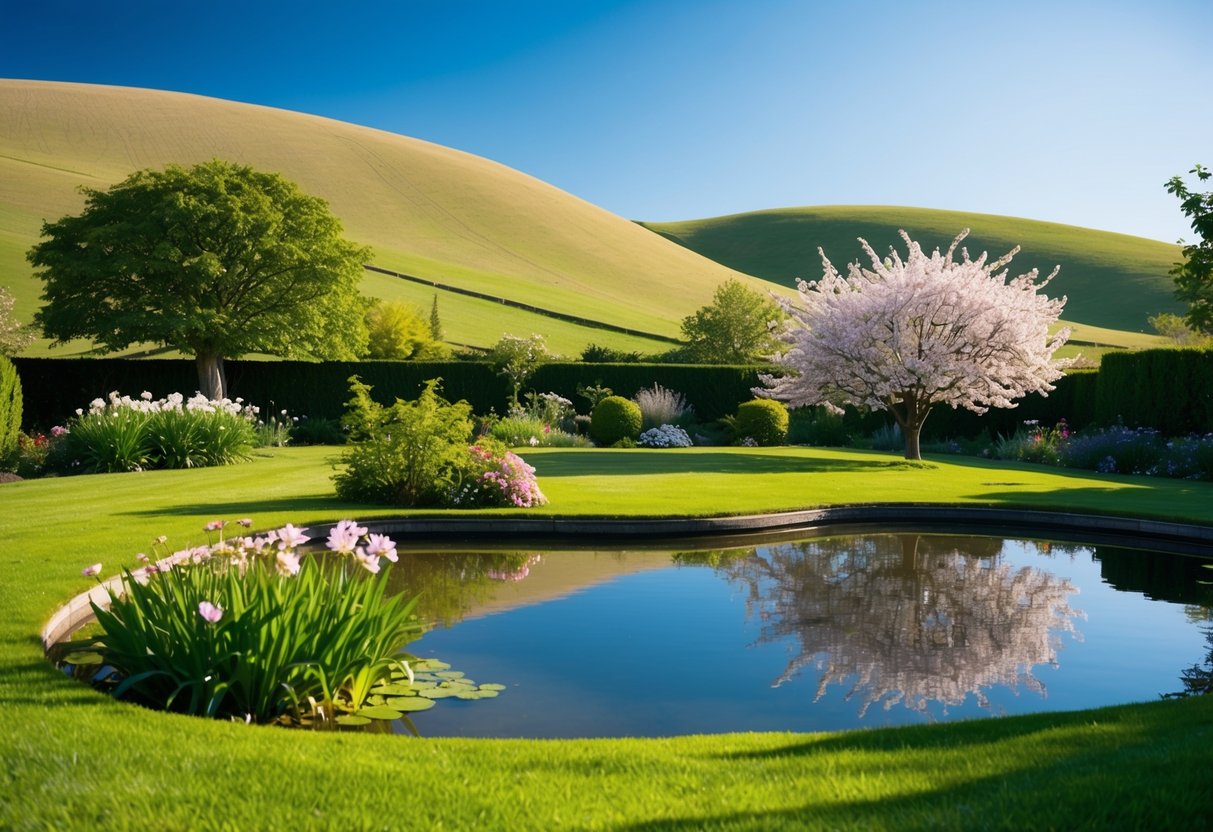 A serene garden with a tranquil pond and blooming flowers, surrounded by gentle rolling hills and a clear blue sky