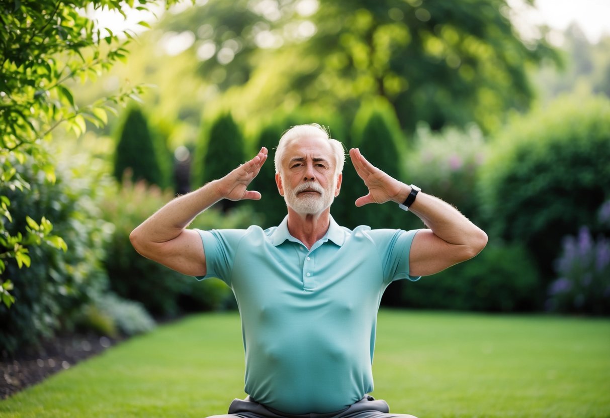 A serene senior engages in isometric breathing exercises in a peaceful garden setting, surrounded by lush greenery and a gentle breeze