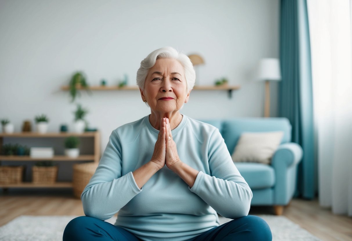 An elderly person in a peaceful, clutter-free room, sitting comfortably and practicing isometric breathing exercises to reduce stress