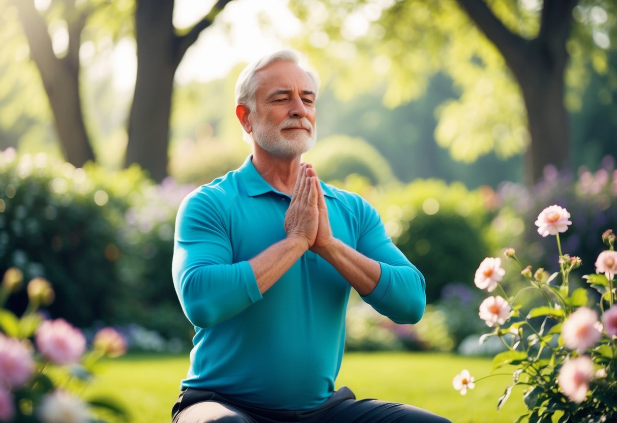 A serene senior practicing isometric breathing in a peaceful garden setting, surrounded by blooming flowers and gentle sunlight filtering through the trees