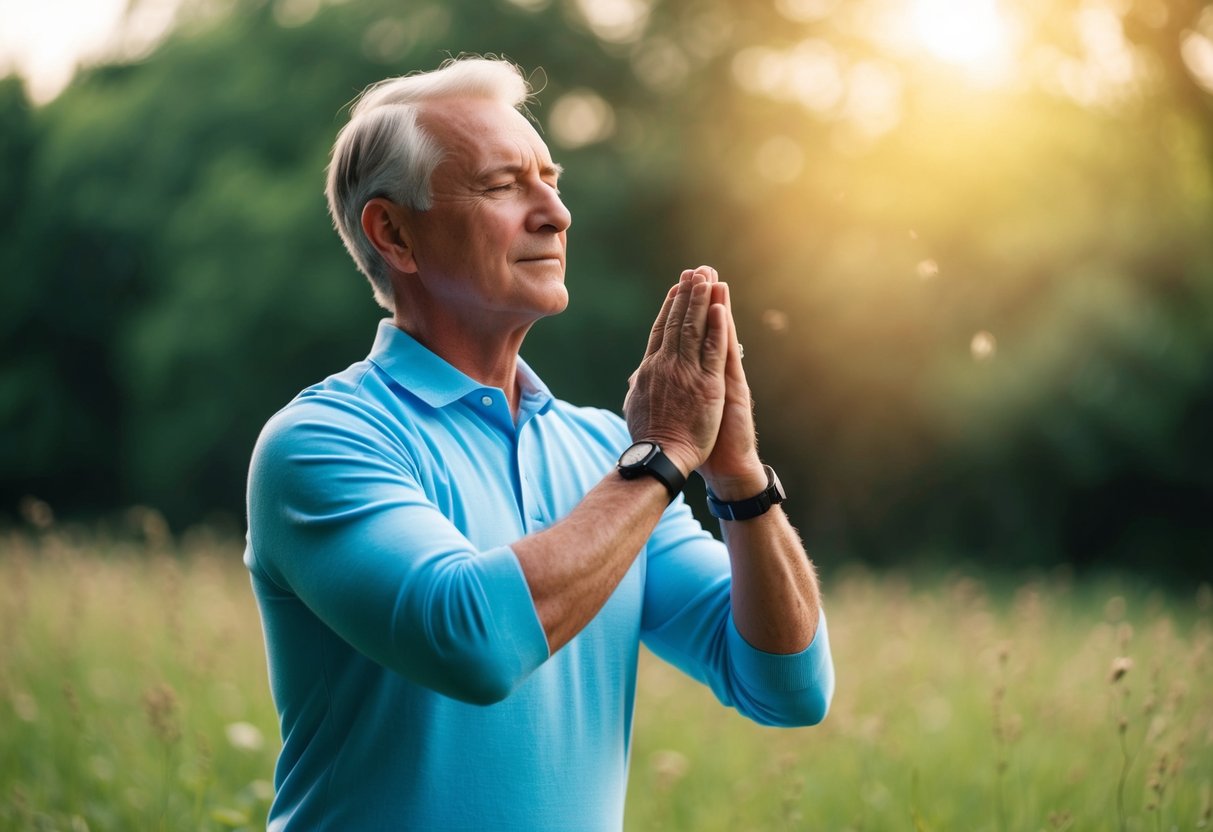 A serene senior practicing isometric breathing in a peaceful, natural setting to reduce stress