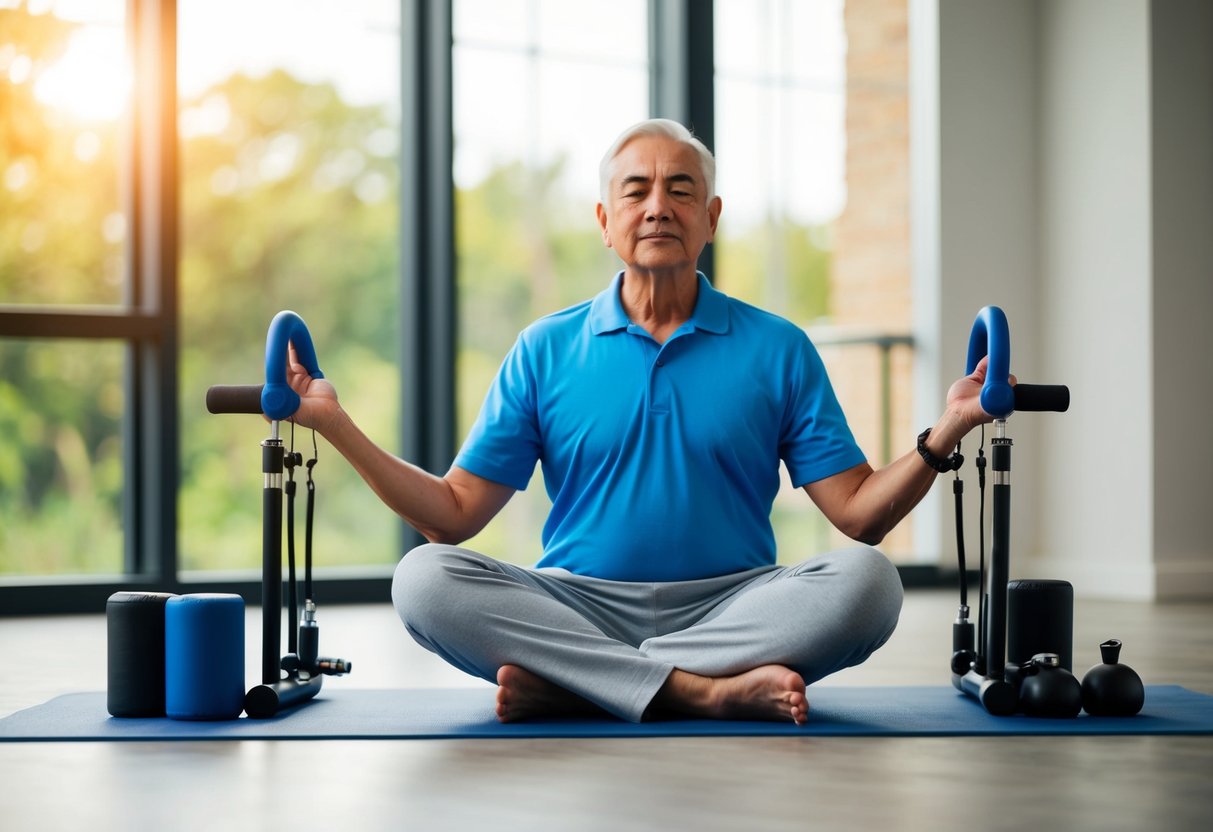 A serene senior surrounded by isometric breathing equipment, peacefully practicing stress-reducing exercises