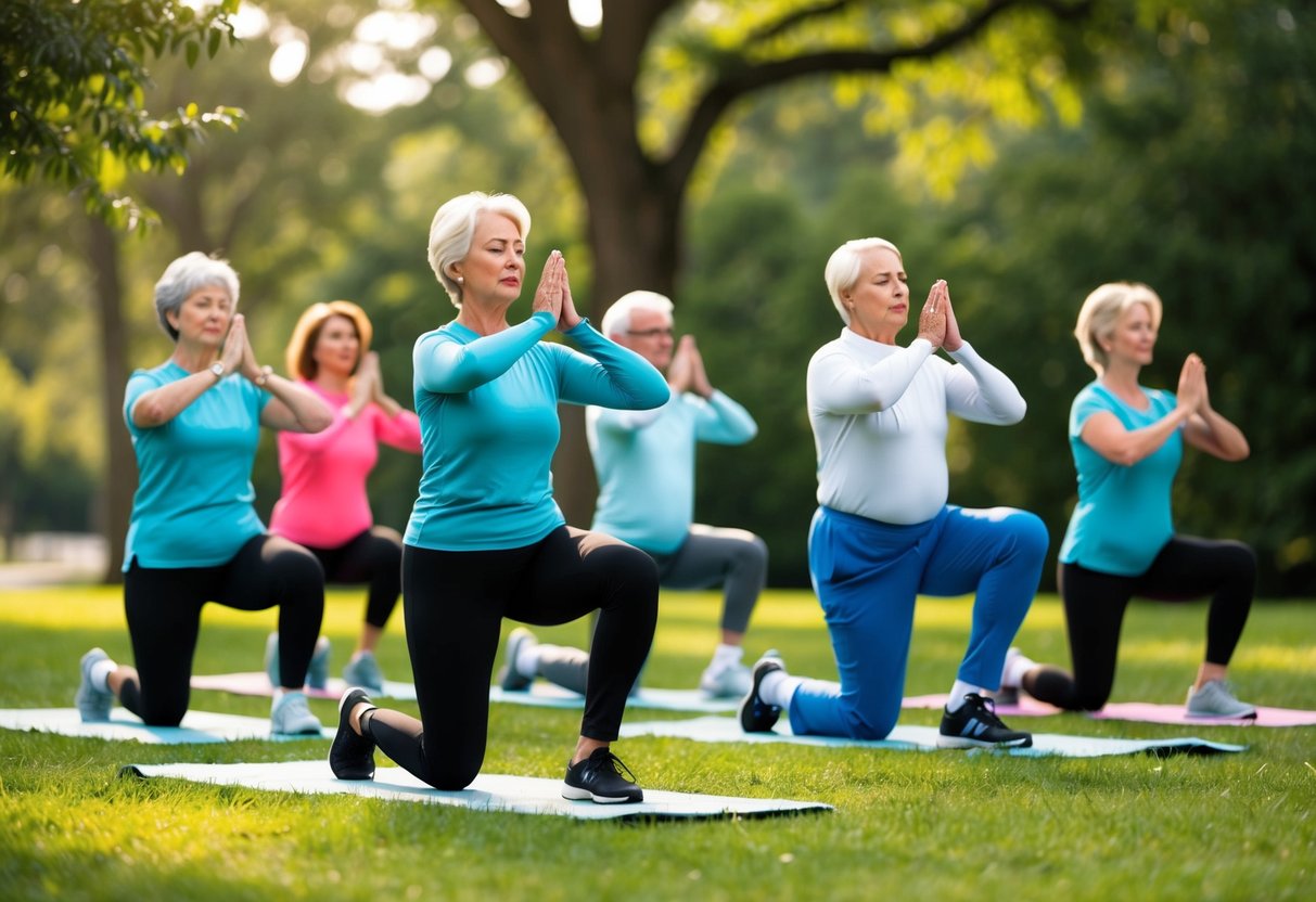 A serene park setting with a group of seniors practicing isometric breathing exercises, surrounded by nature and feeling the holistic benefits of reduced stress