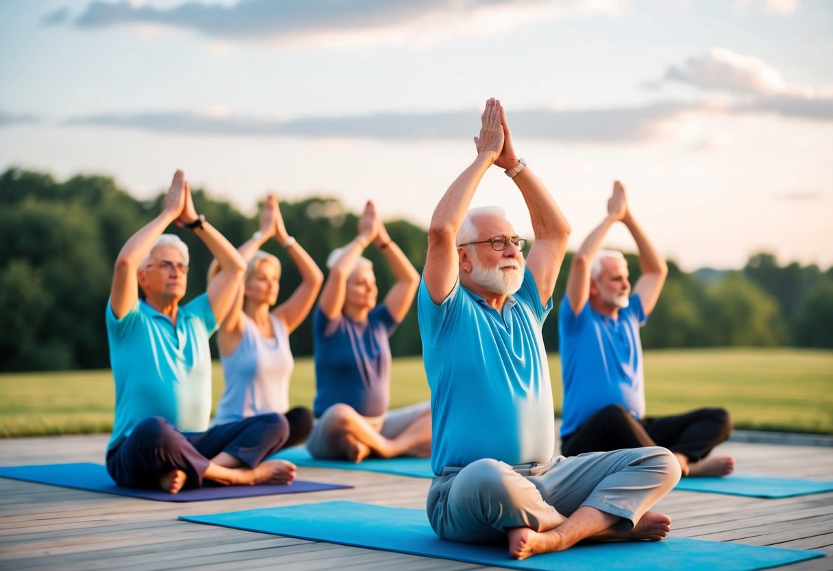 A group of seniors in a peaceful setting, practicing isometric breathing exercises to reduce stress