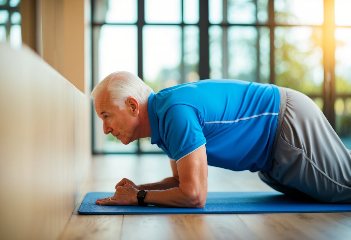 A senior using isometric exercises, such as wall sits or planks, to enhance cognitive function