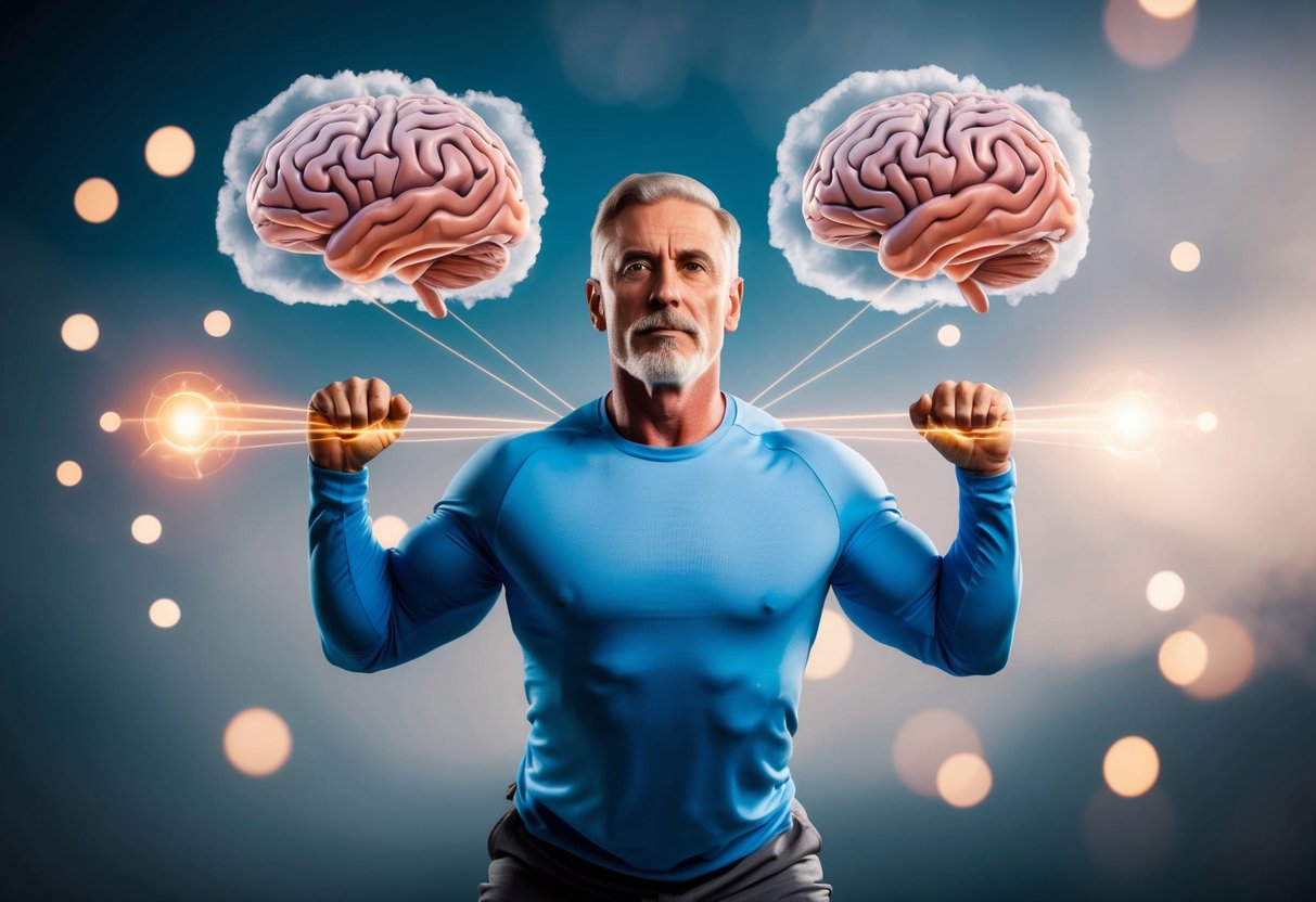 A senior performing isometric exercises with a focused expression, surrounded by brain-shaped clouds and a glowing connection between the brain and muscles