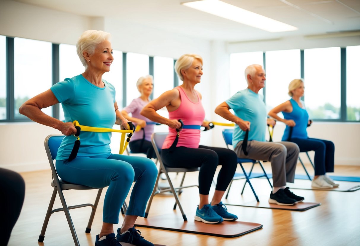 A group of seniors performing isometric exercises using resistance bands and chairs in a bright, open space with large windows