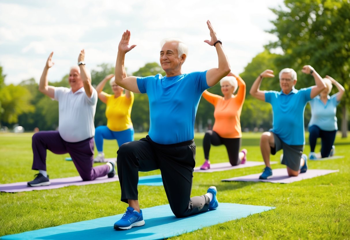 A group of seniors performing isometric exercises in a sunny park, with a variety of movements and positions to enhance cognitive function