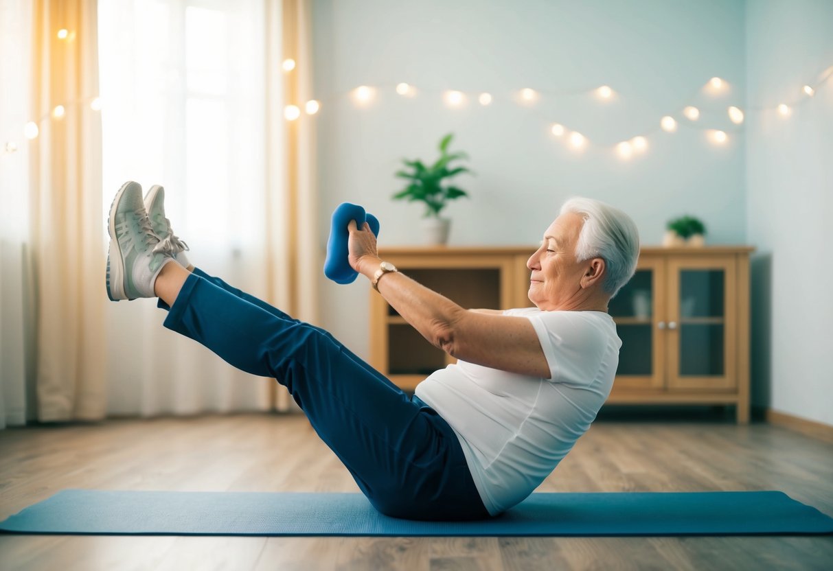 An elderly person performing isometric exercises in a peaceful, well-lit room with soft music playing in the background