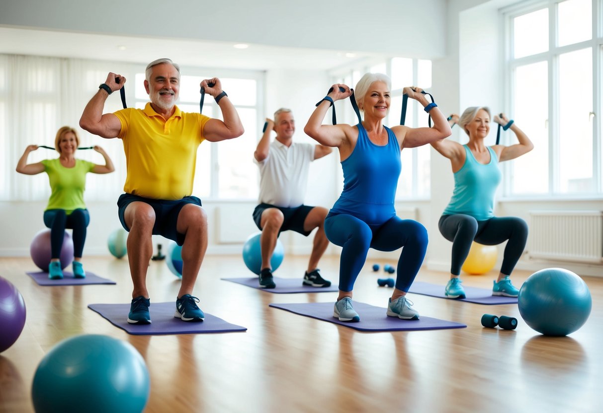 A group of seniors performing isometric exercises in a bright, spacious room with various resistance bands and stability balls scattered around them