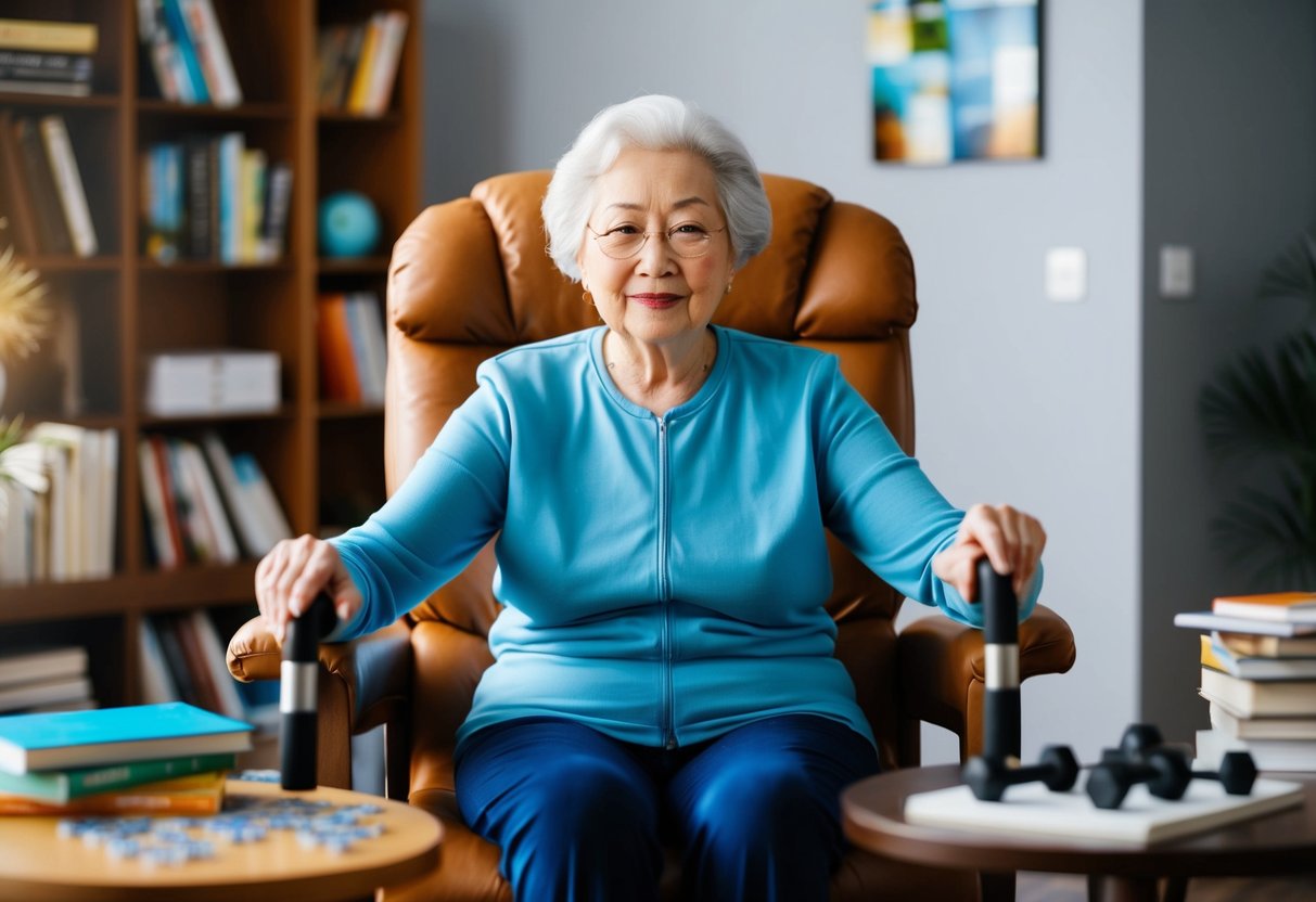 An elderly person sitting in a chair, surrounded by various objects such as books, puzzles, and exercise equipment, while engaging in isometric exercises