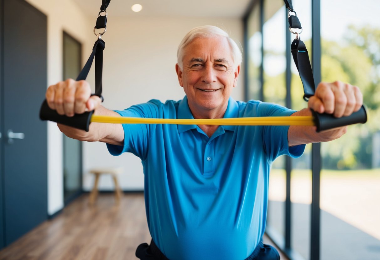 A senior using a resistance band to mimic daily activities like reaching for a high shelf or pushing a heavy door