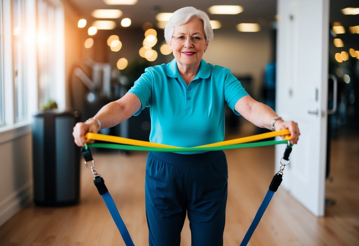 A senior using resistance bands to mimic daily activities like pushing a door or lifting groceries