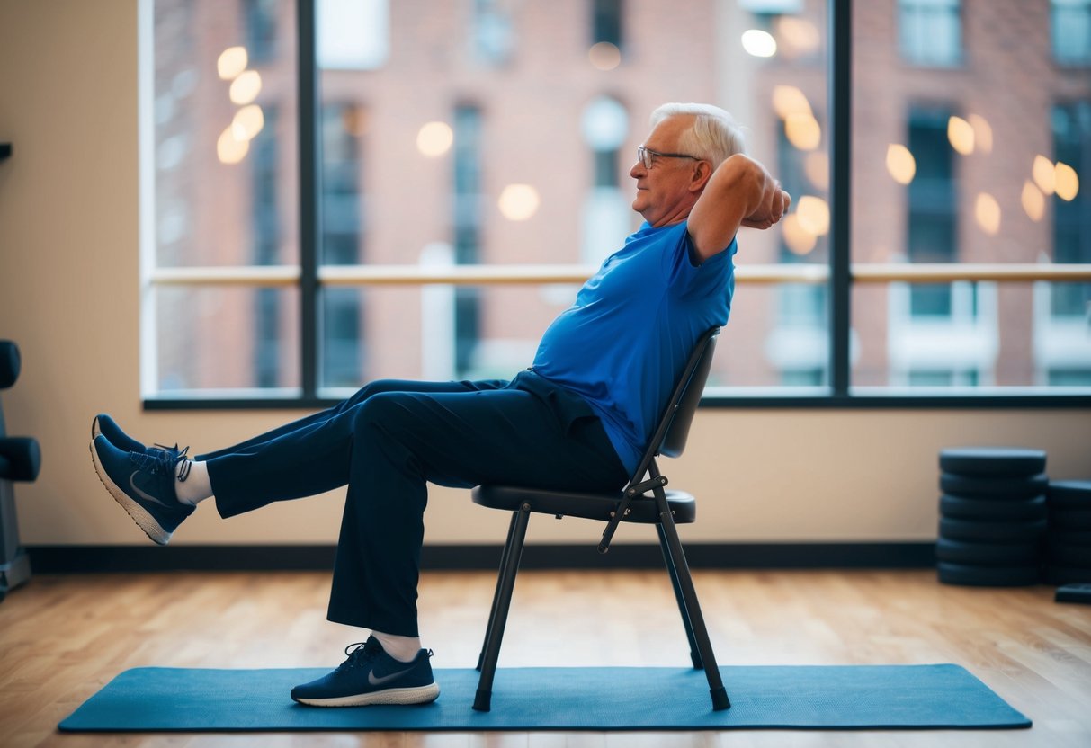 A senior using a chair for support while performing isometric exercises such as leg lifts and arm presses