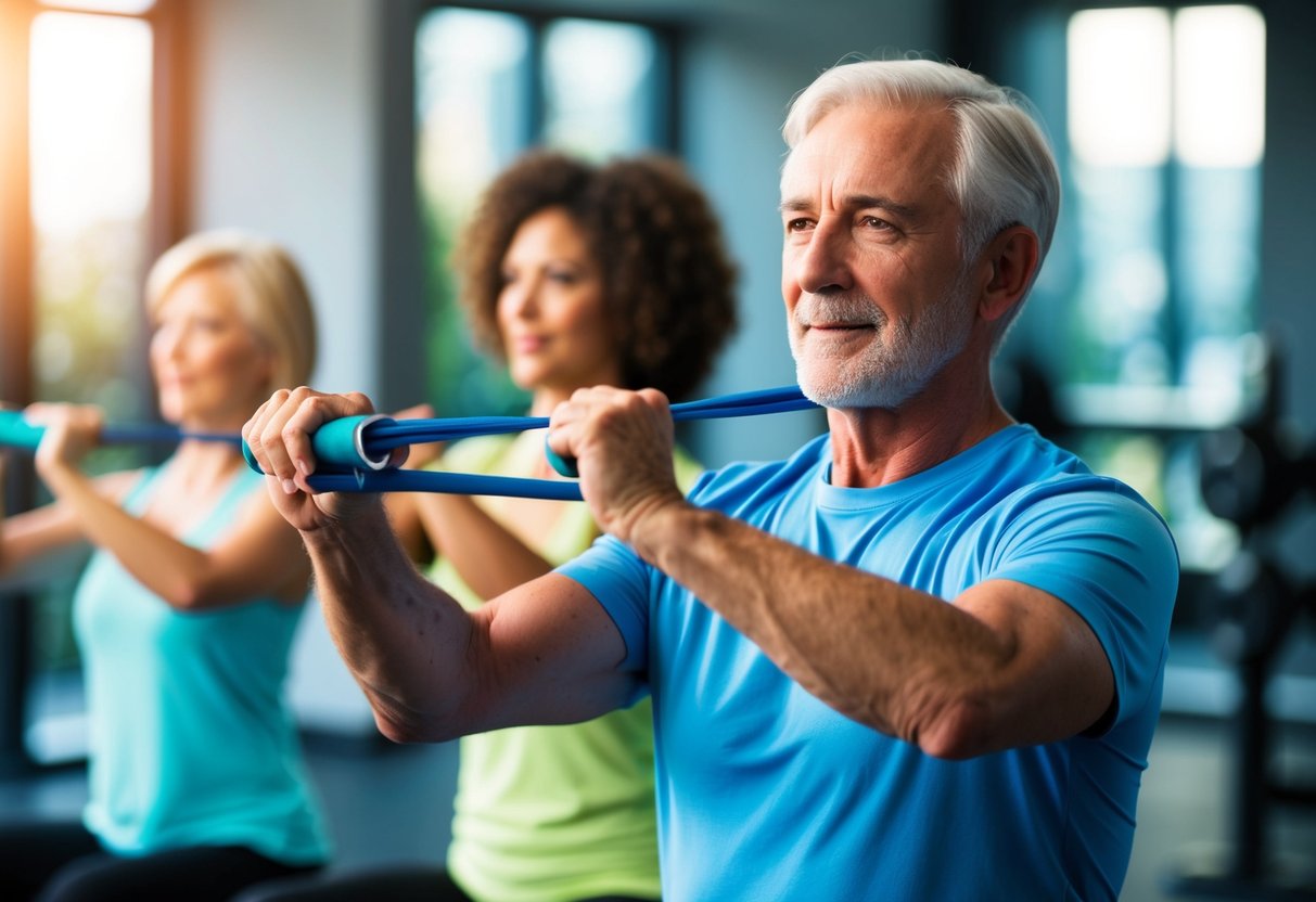 A senior using a resistance band to perform isometric exercises inspired by daily activities, such as reaching, lifting, and pushing