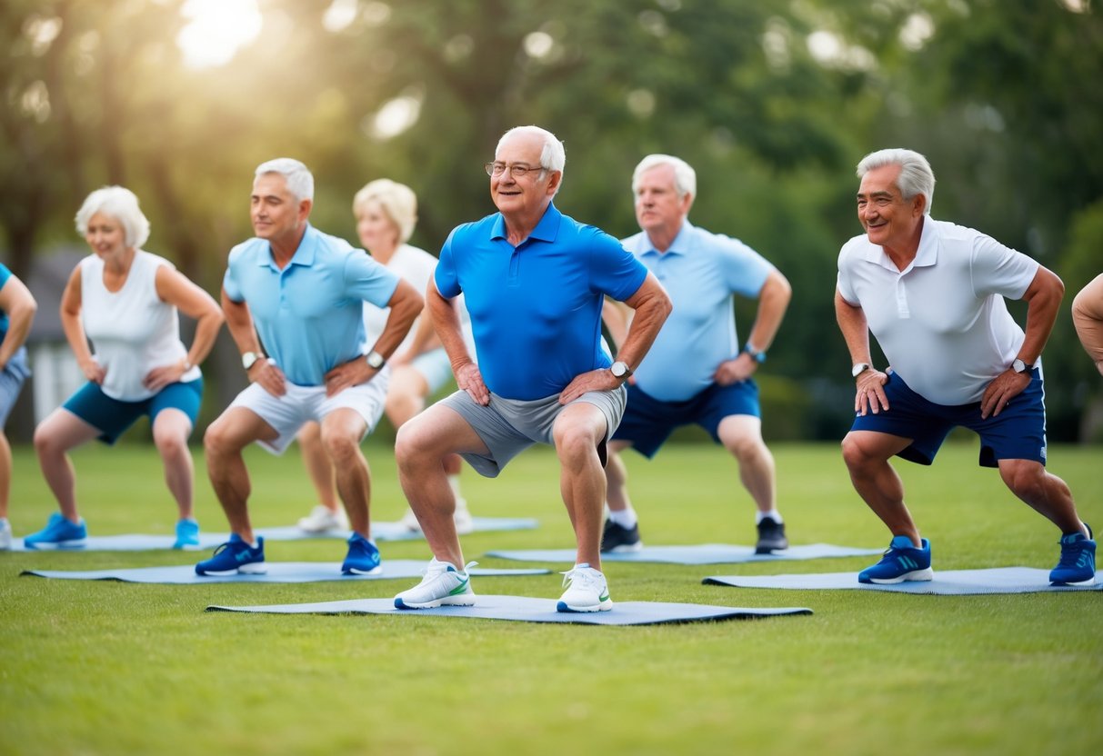 A group of seniors performing isometric exercises resembling daily activities, such as lifting groceries or reaching for objects, at varying fitness levels