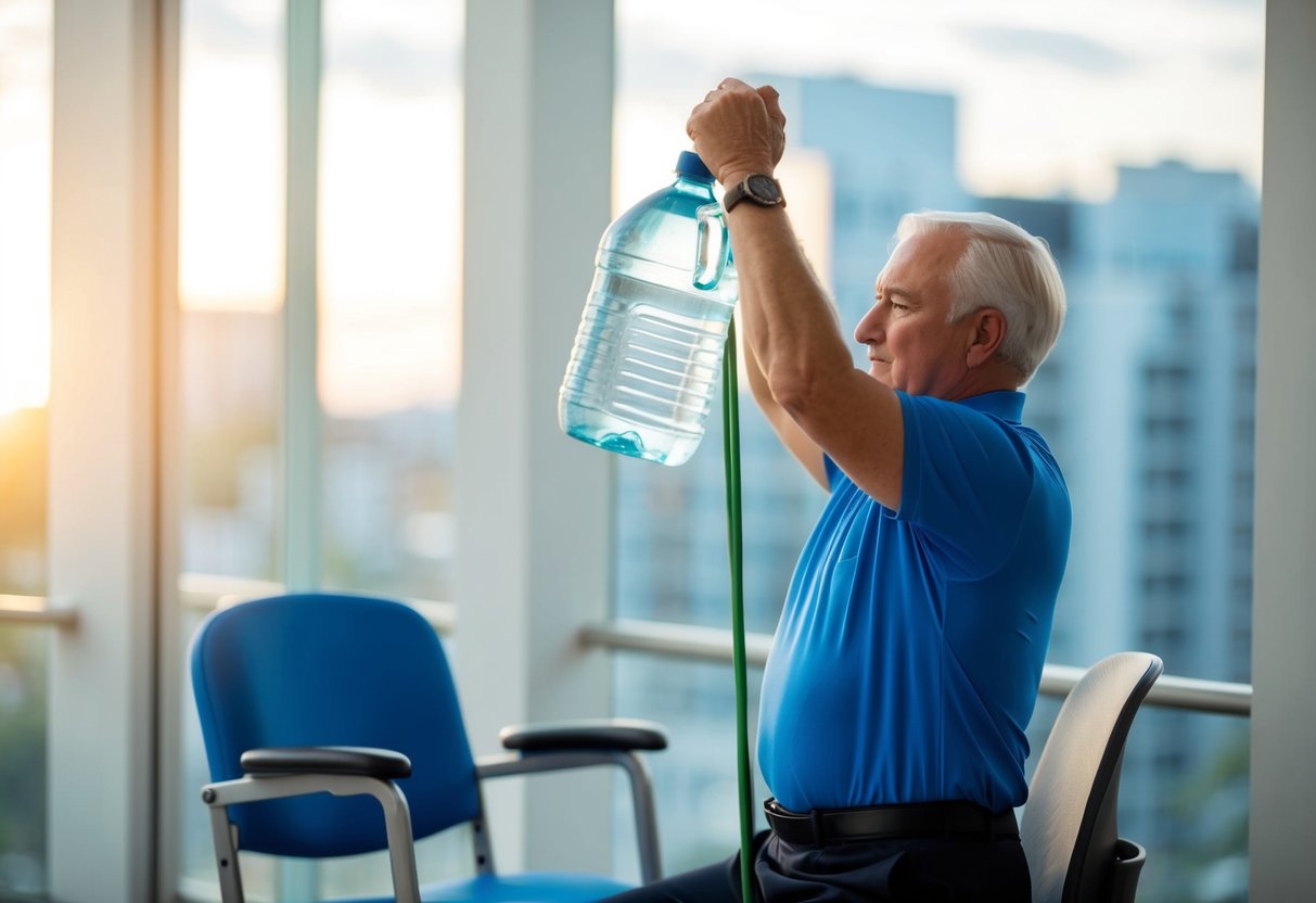 A senior isometrically exercises by lifting a jug of water while standing next to a chair and stretching a resistance band