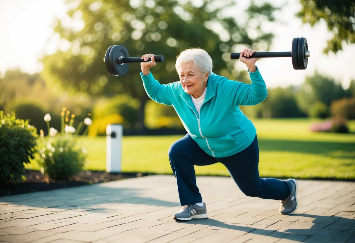 An elderly person performing isometric exercises while mimicking daily activities like gardening, walking, and lifting objects