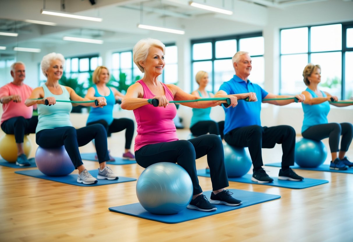 A group of seniors engage in isometric exercises using resistance bands and stability balls in a bright, spacious gym