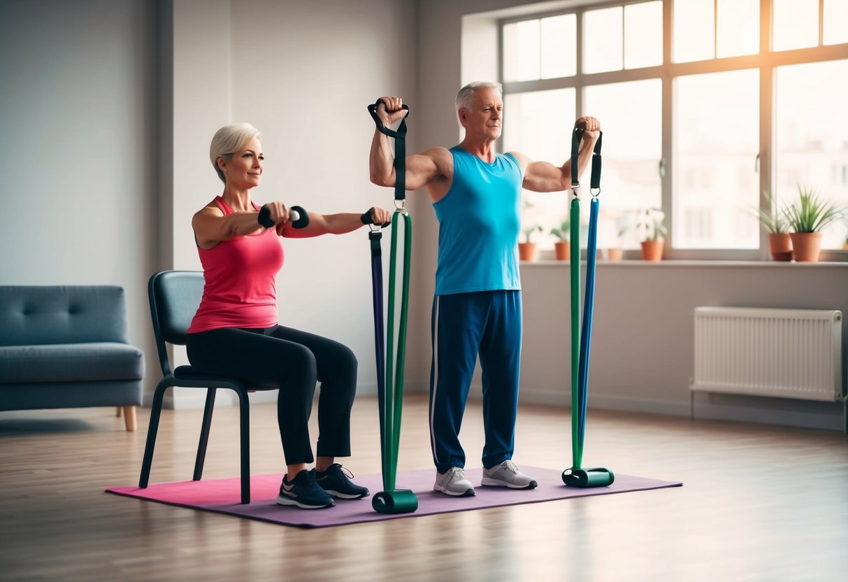 A senior standing in a spacious room, using resistance bands and a chair to perform isometric exercises targeting different muscle groups