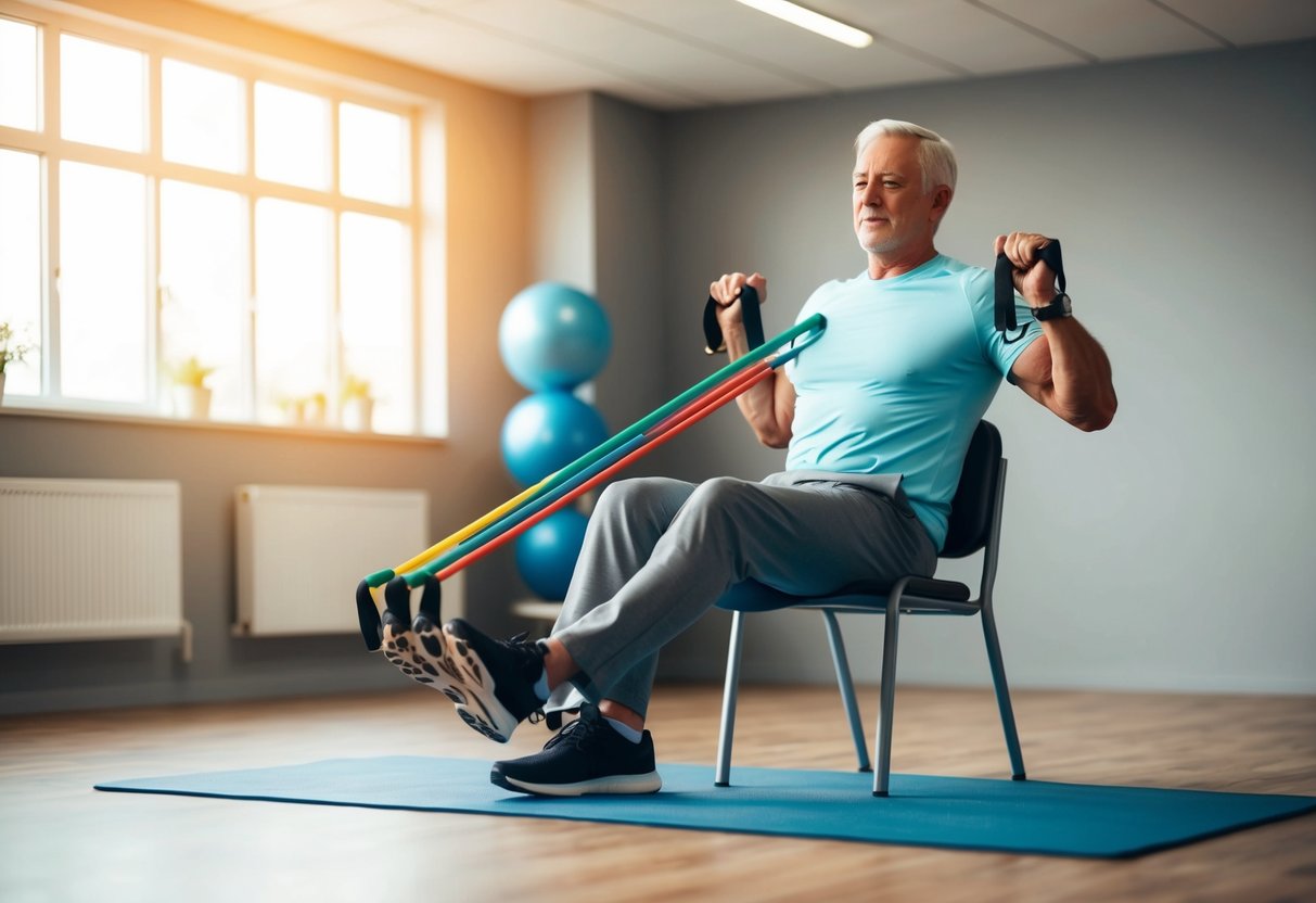 A senior using resistance bands to perform isometric exercises in a well-lit, spacious room with a chair for support