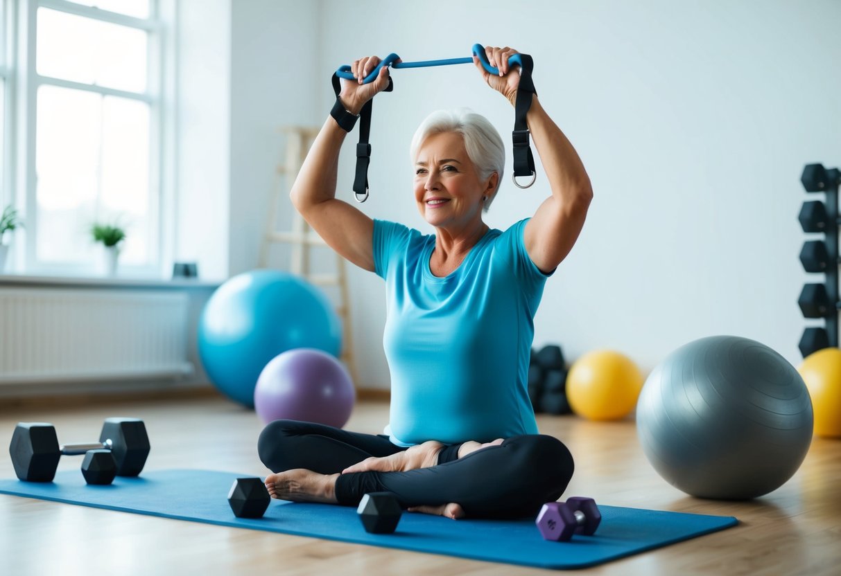 A senior exercising in a bright, spacious room with a variety of isometric workout equipment, including resistance bands, stability balls, and hand weights