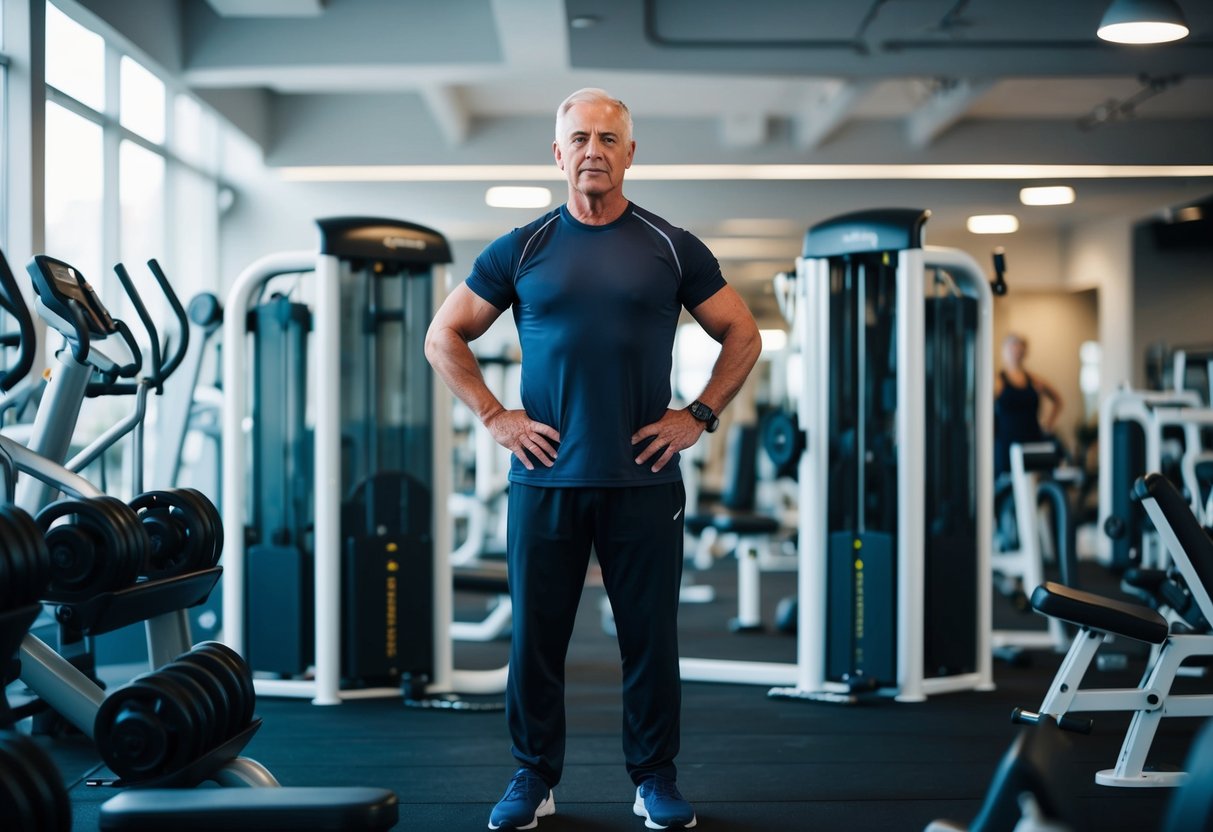 An older adult standing in a gym surrounded by various exercise equipment, with a personal trainer demonstrating isometric exercises