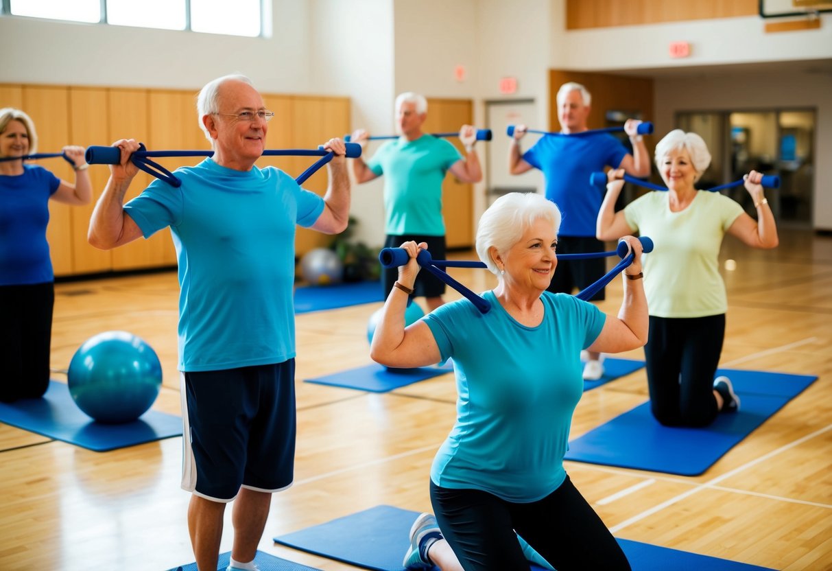 A group of seniors performing isometric exercises using resistance bands and stability balls in a brightly lit community center gymnasium