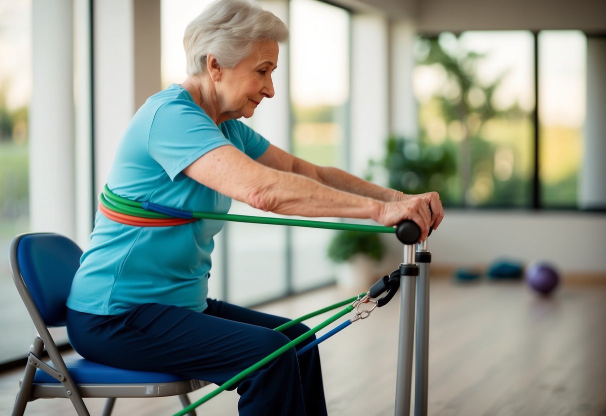 An elderly person performing isometric exercises using a chair and resistance bands, with a focus on maintaining proper posture and joint health