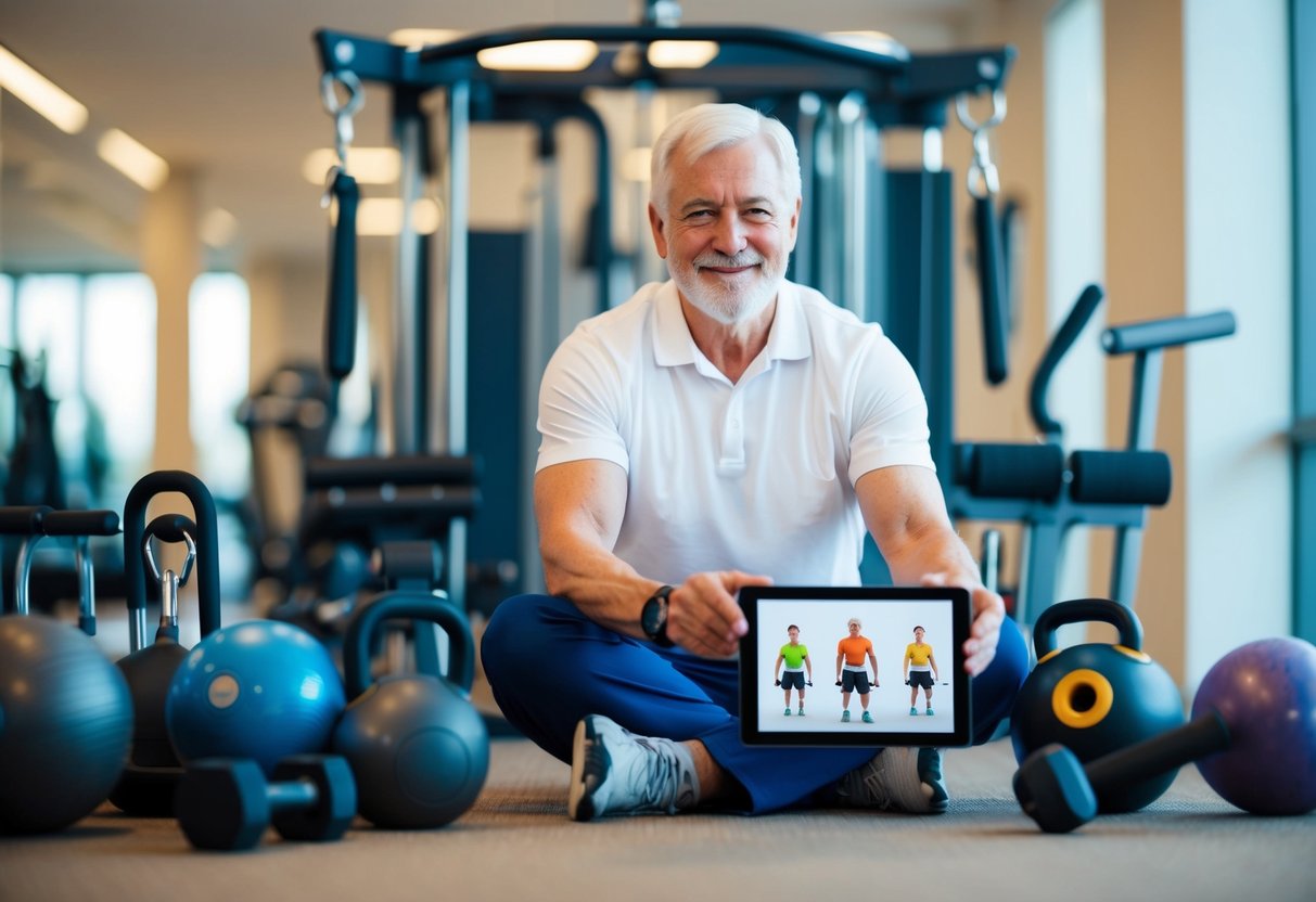 A senior surrounded by a variety of exercise equipment, with a personalized isometric exercise program displayed on a tablet