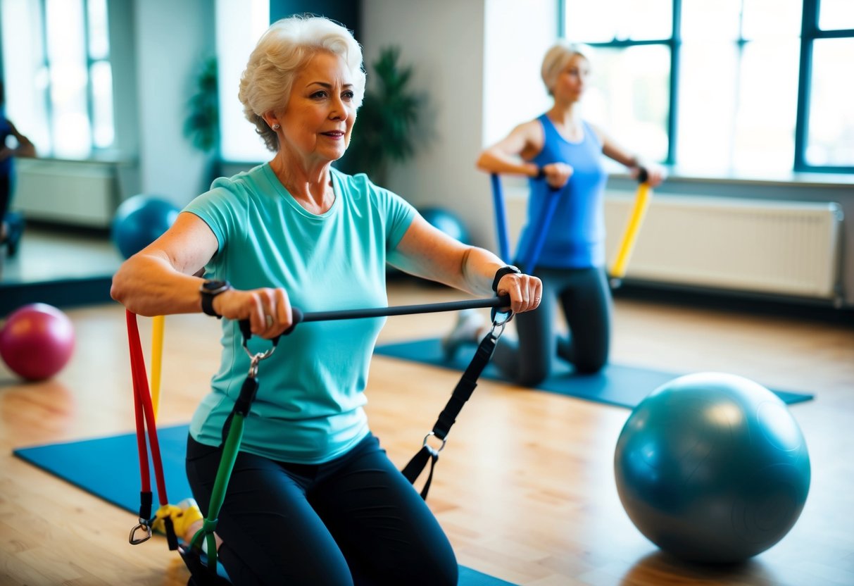 A senior in a well-lit room, using resistance bands and stability balls for isometric exercises. An instructor guides the program