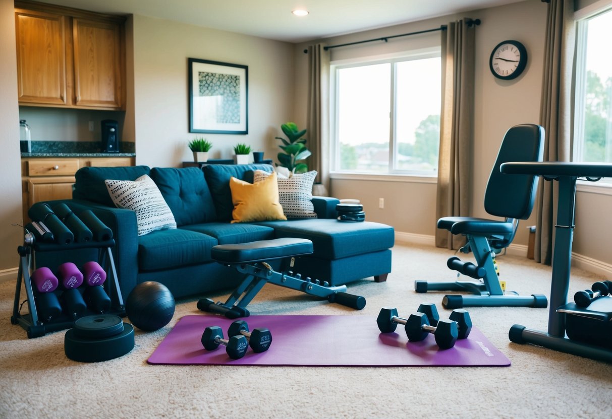 A cozy living room with a variety of exercise equipment including resistance bands, hand weights, and a yoga mat. An adjustable chair and a sturdy table are also present for modified exercises