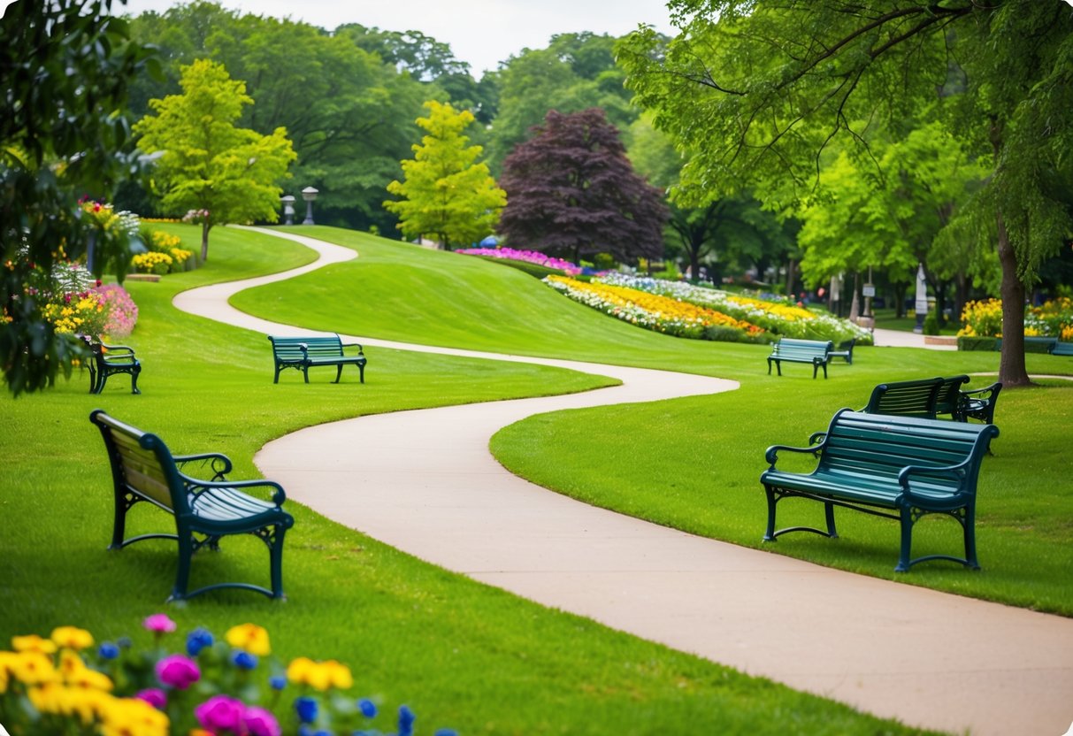 A serene park setting with a winding path, benches, and gentle slopes surrounded by lush greenery and colorful flowers